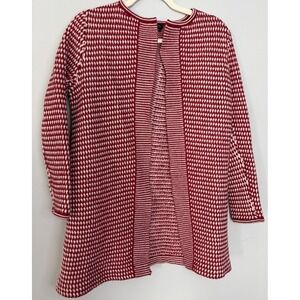 Talbots Red White Geometric Pattern Pure Merino Wool Open Front Sweater M